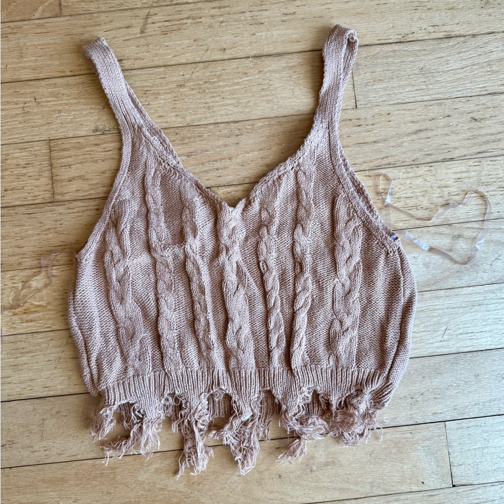 Fringed Knit Crop Top - Pink